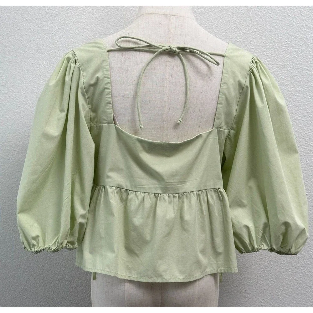 Abercrombie & Fitch Puff Sleeve Square Neck Tie Back Babydoll Top M Green Y2K